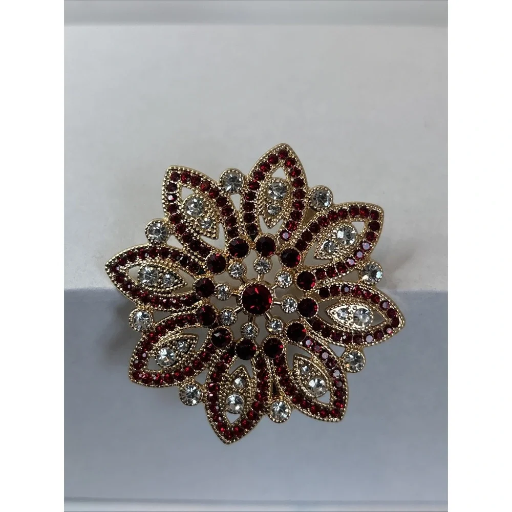 Monet Poinsettia Vintage Red And Clear Rhinestone Floral Print Gold Tone